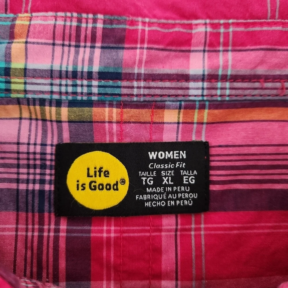 LIFE IS GOOD Pink Plaid Button Front Cotton Shirt Relaxed Casual Top xl - Picture 10 of 15